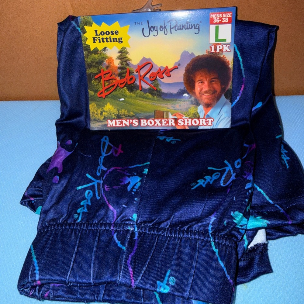 Bob Ross Boxer Shorts Men L NEW Loose Fitting Joy of Painting Navy Blue